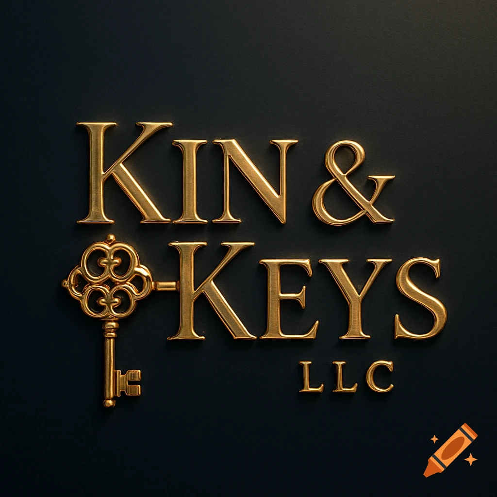 Gold 3D letters spelling 'KIN & KEYS LLC' with a golden skeleton key integrated into the 'K' of Keys, on a dark background.