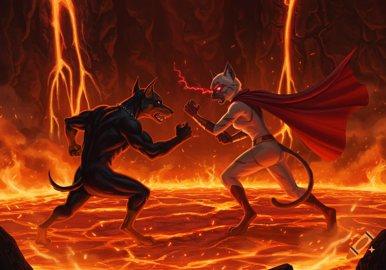 Humanoid doberman and feline superheroes battle in a fiery, lava-filled chamber, depicted in a comic book art style.
