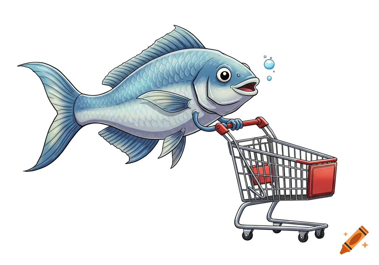 A blue cartoon fish with human-like arms pushes a grocery shopping cart on a white background.