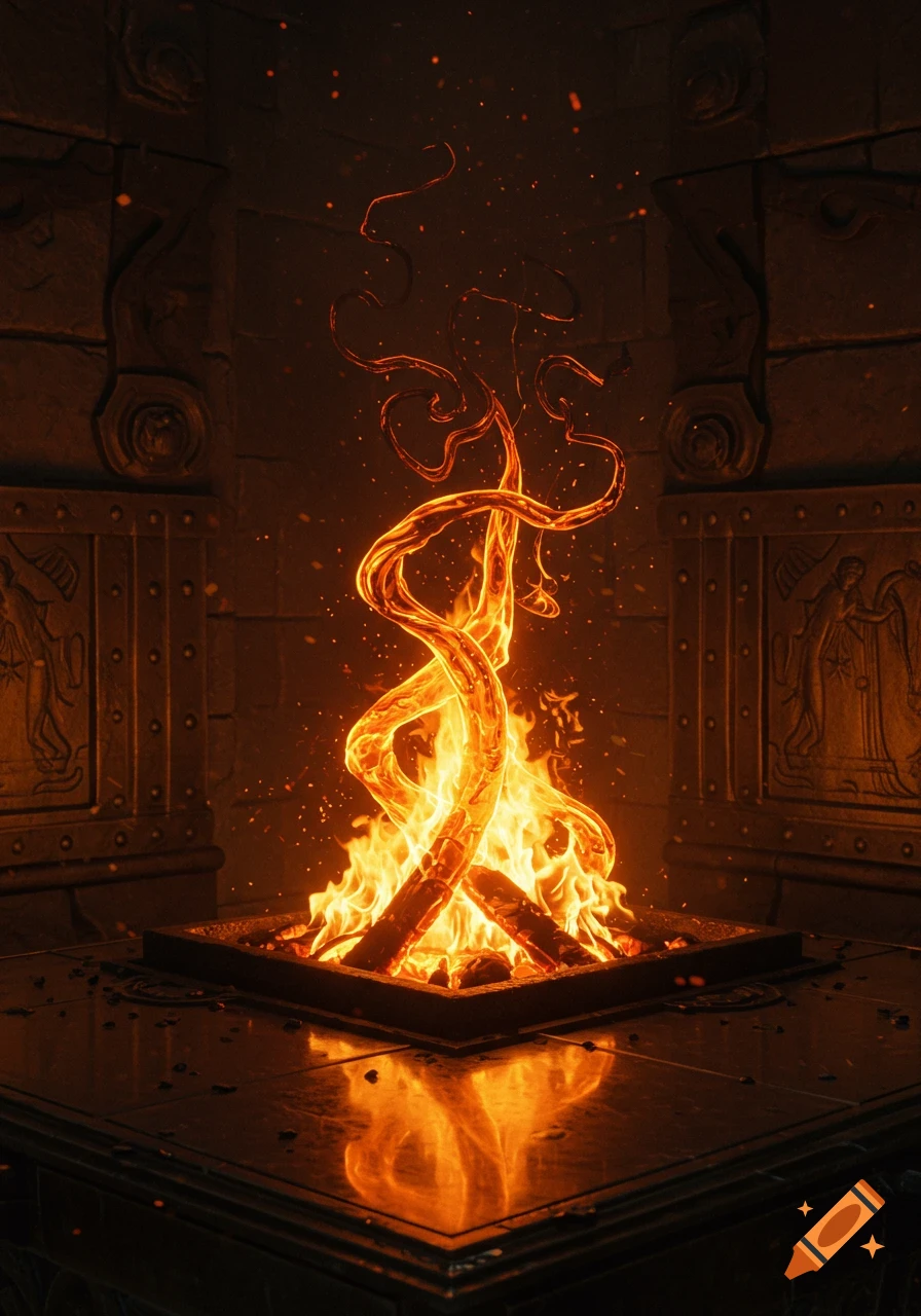 A vibrant, swirling, orange-gold flame with a metallic appearance burns in a dark, ancient stone temple, casting reflections.
