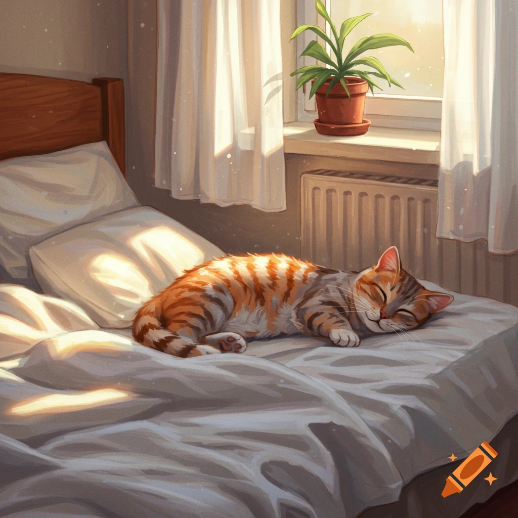 A sleeping tabby cat on a white bed in a sunlit bedroom, illustrated in a warm, painterly style.