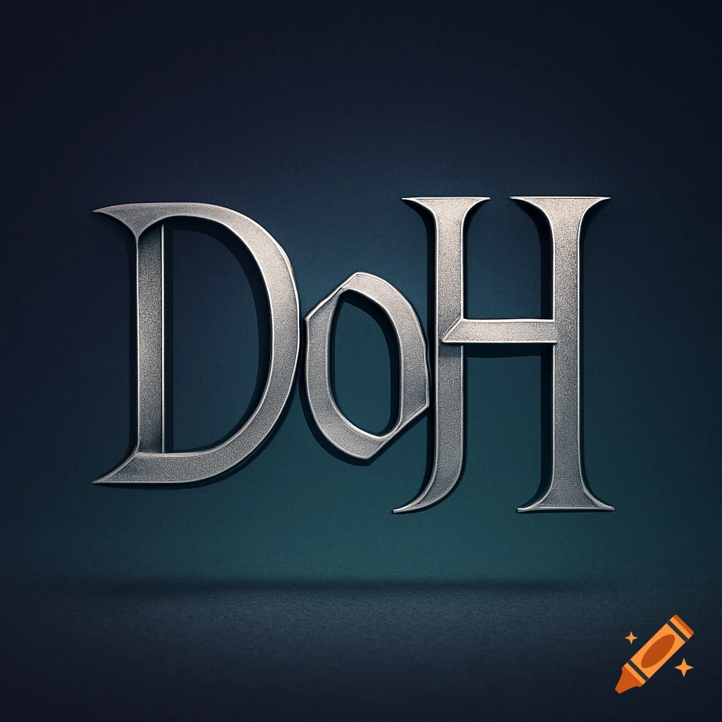 An ambigram of the letters 'DoH' in a metallic, ancient-style font against a dark blue background.