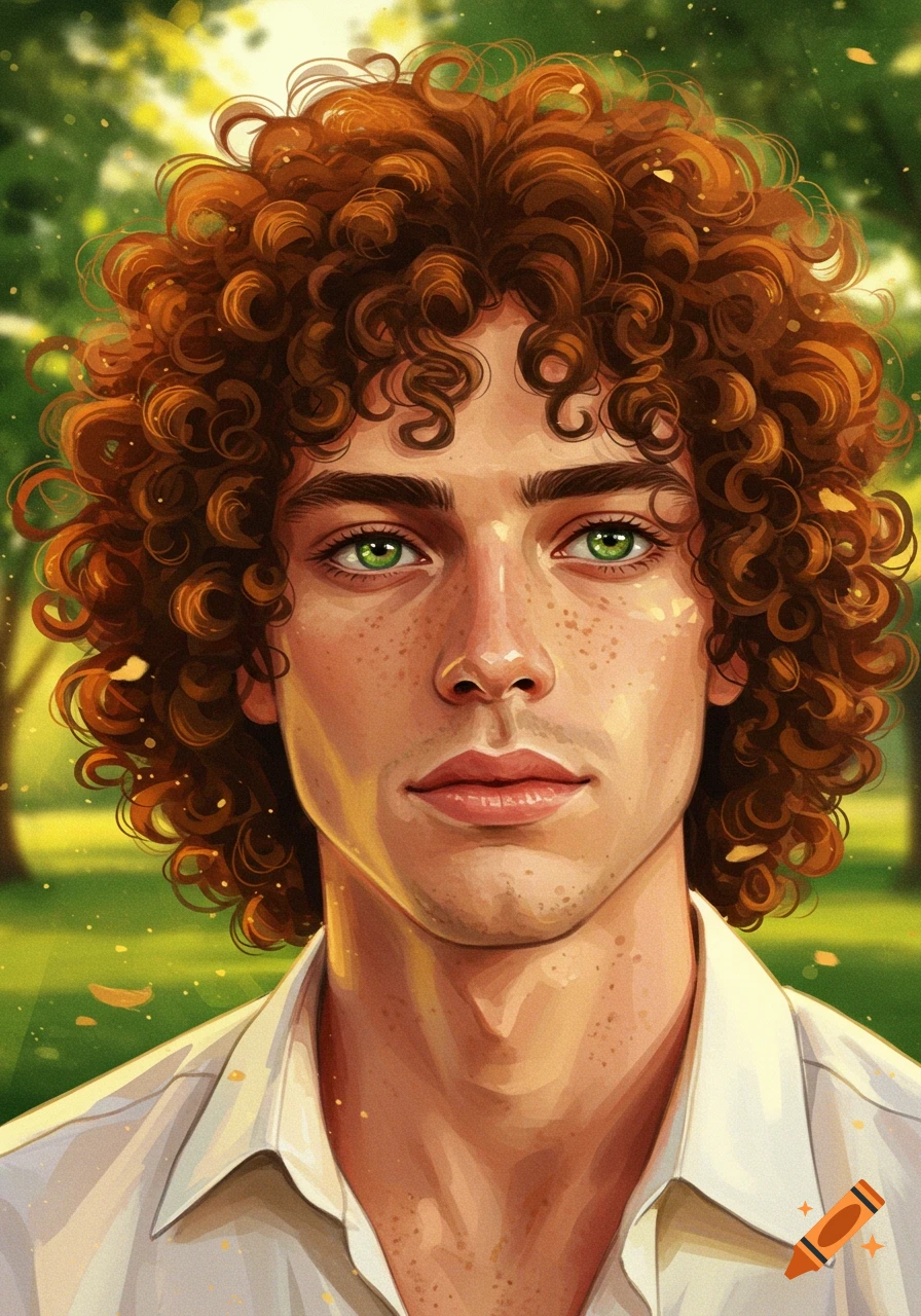 A vibrant illustration of a young man with reddish-brown curly hair and striking green eyes, wearing a white shirt, standing in a sunlit park.