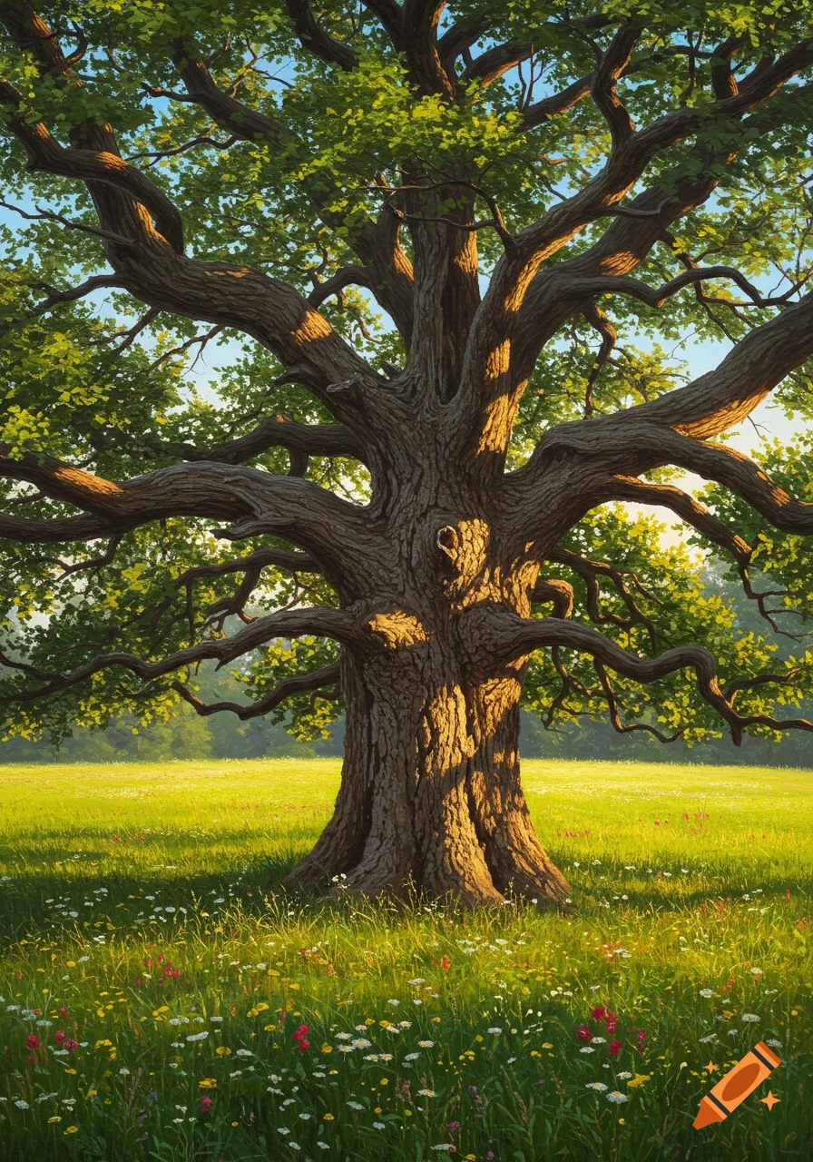 A majestic oak tree stands in a sunlit green field with wildflowers.