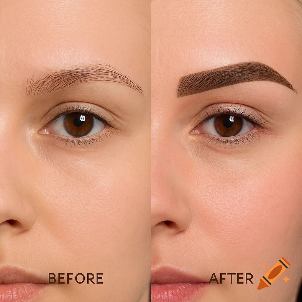 Photorealistic split image of a woman's face: left side shows sparse eyebrows, right side shows enhanced ombre brows.