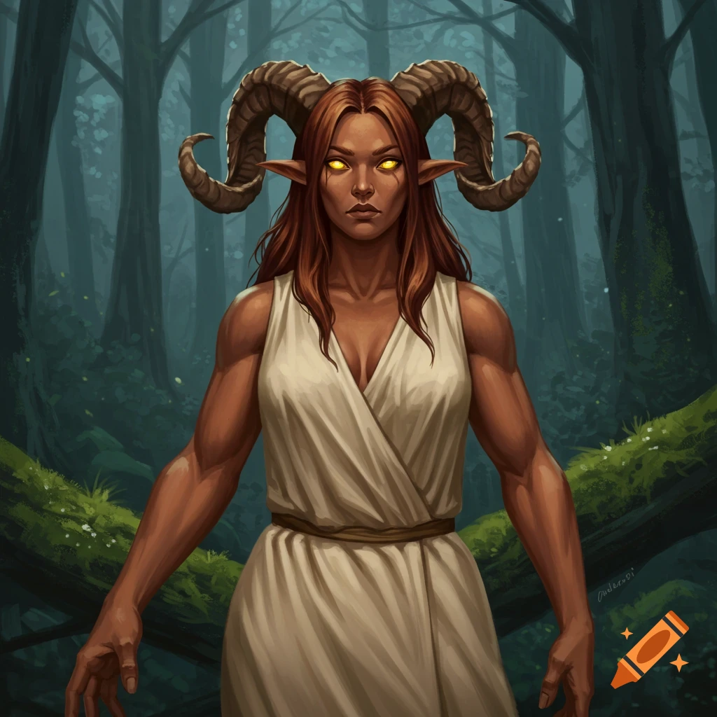 Muscular faun woman with brown hair, goat horns, and glowing yellow eyes in a white robe standing in a dark forest. Digital art.