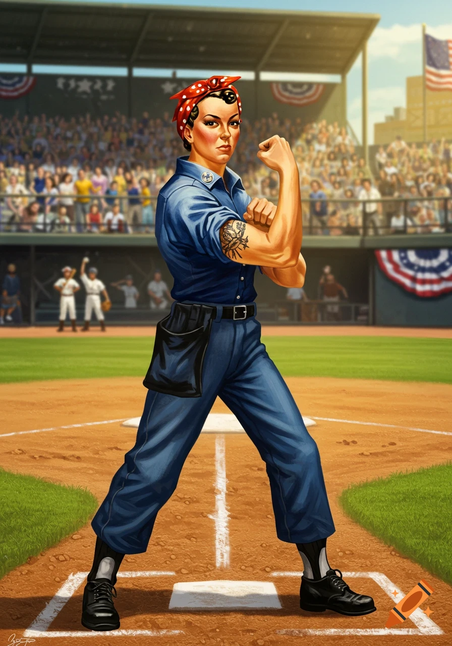 An illustration of Rosie the Riveter as a baseball umpire, flexing her arm on a pitcher's mound in a stadium.