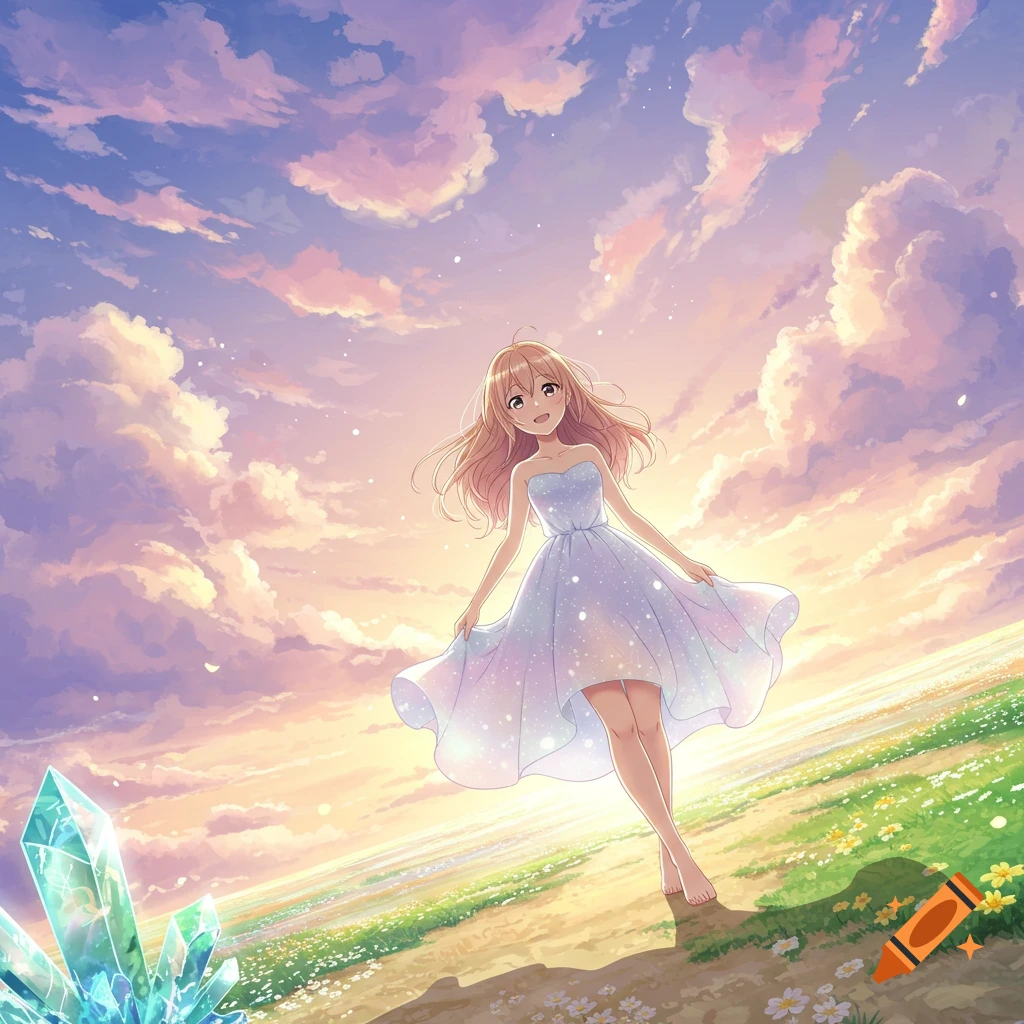 An anime girl in a shimmering white dress stands barefoot on a grassy hill with large crystals under a vibrant, cloudy sunset sky.