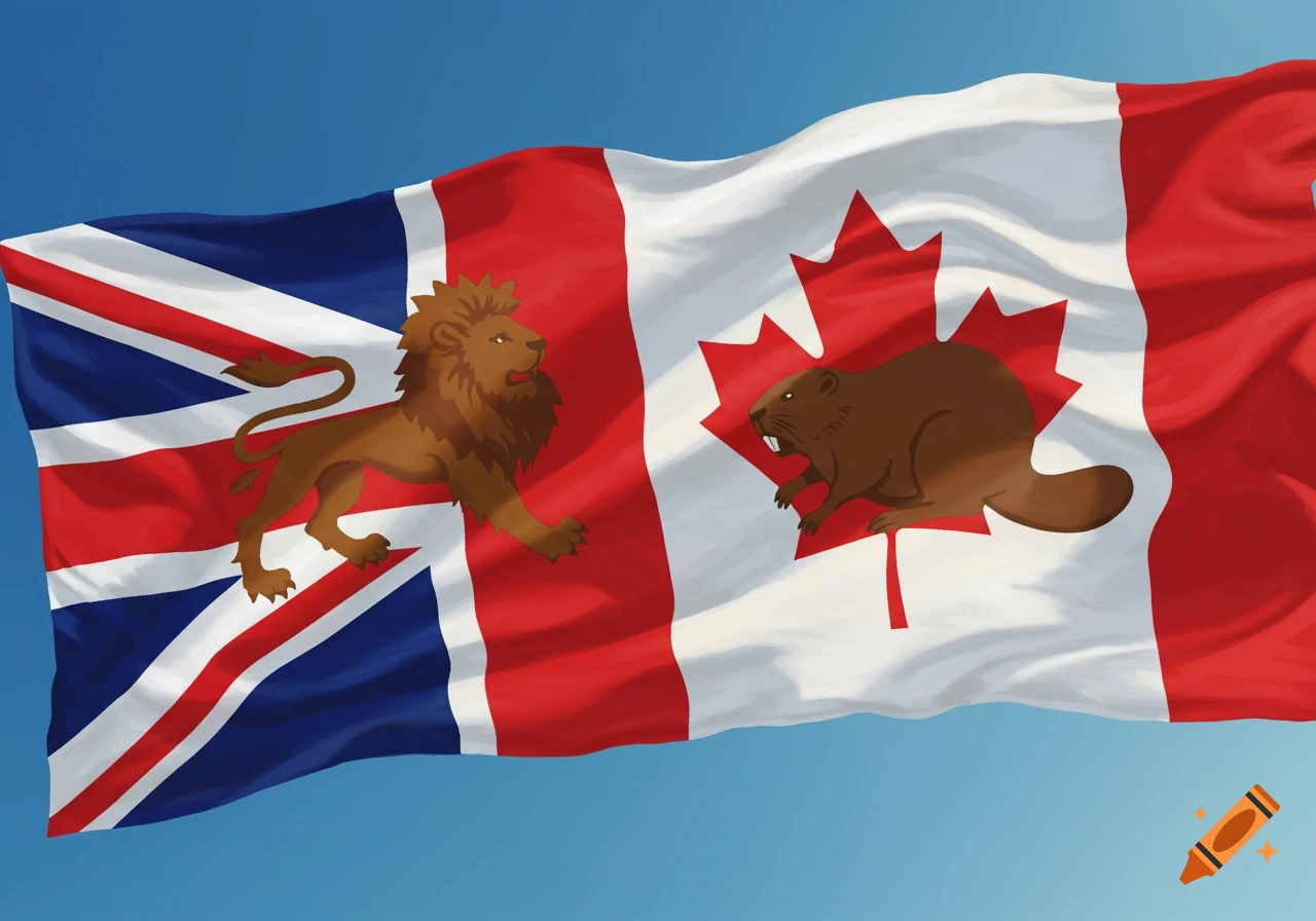 A waving flag, half Union Jack with a brown lion and half Canadian flag with a brown beaver, against a blue sky.