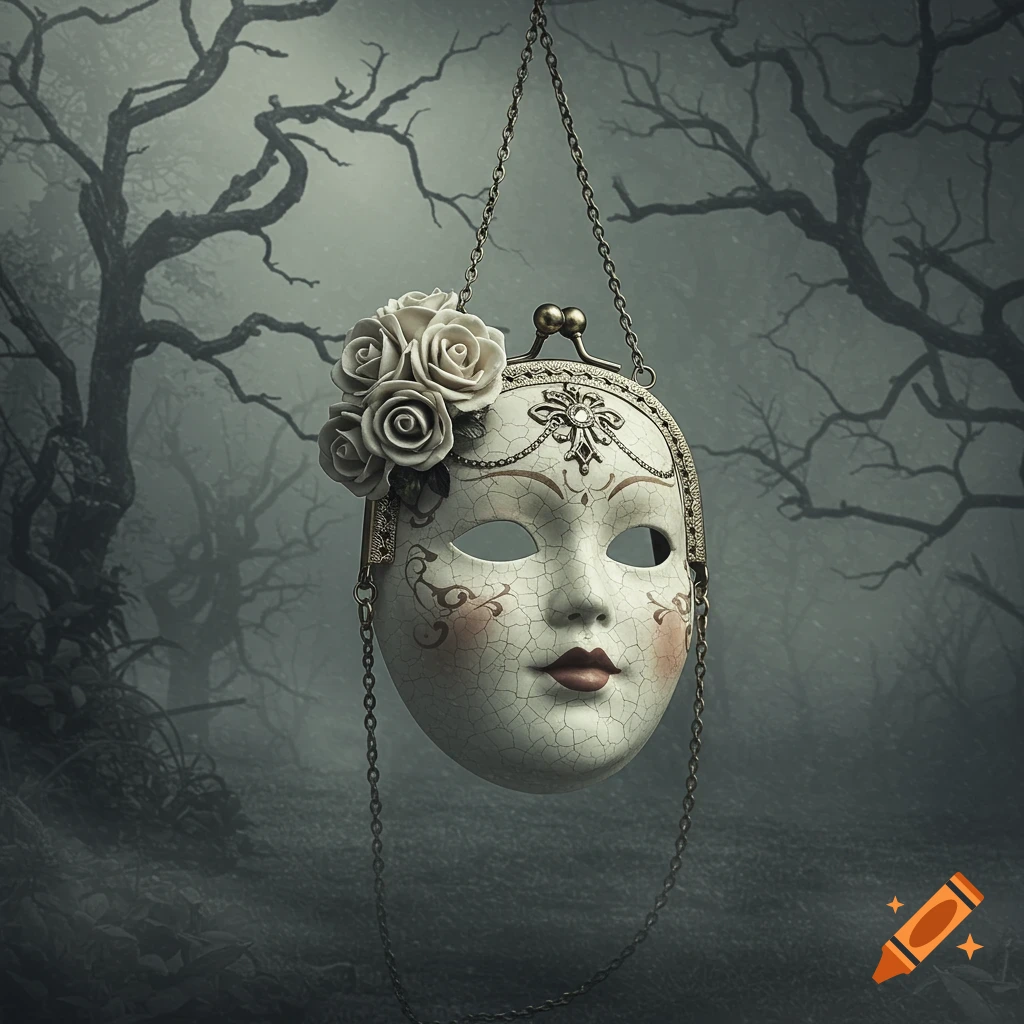 A cracked porcelain doll-like mask adorned with roses and chains hangs in a dark, misty gothic forest with gnarled trees.