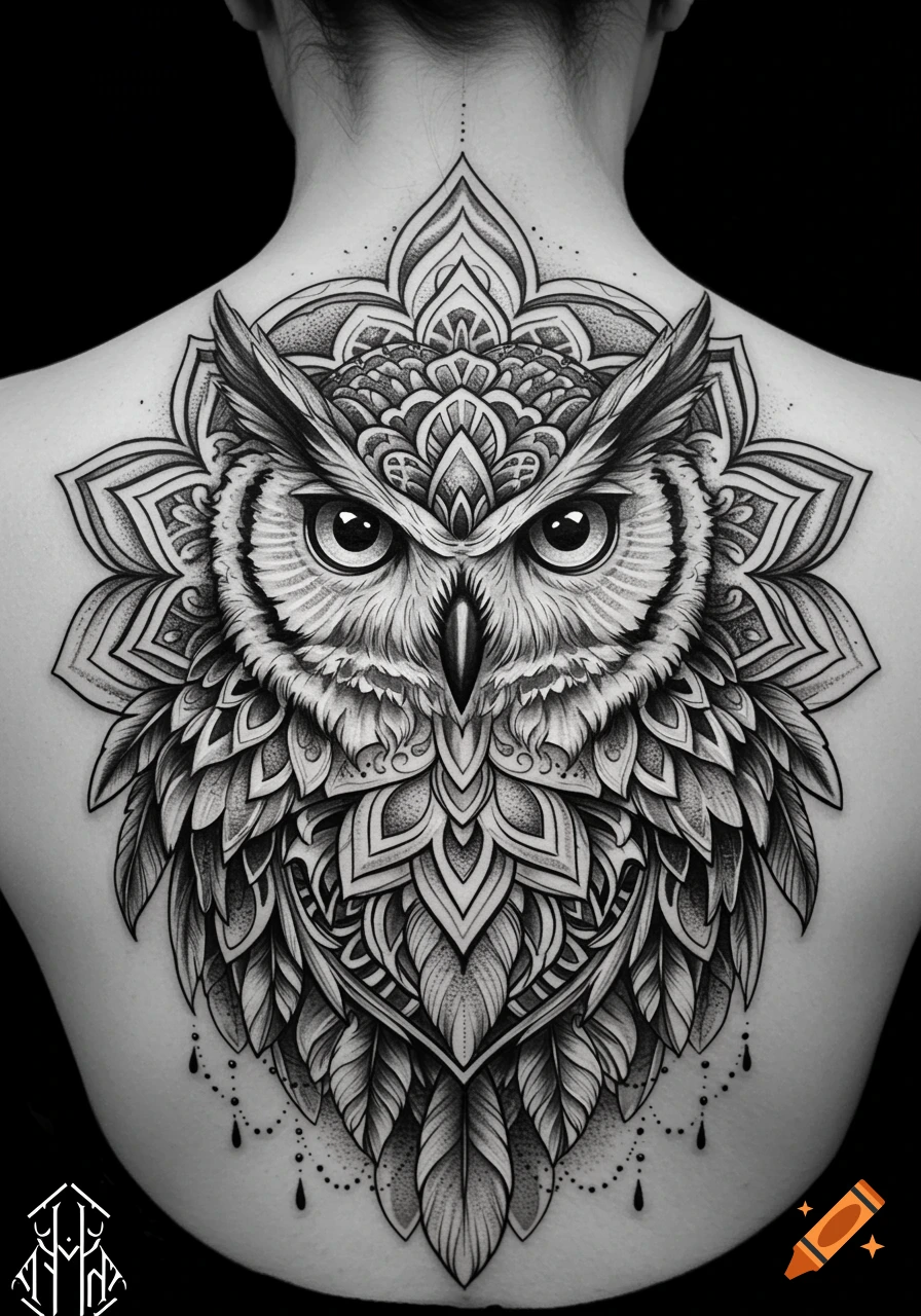 Detailed black and white owl tattoo in a mandala style on a person's upper back.