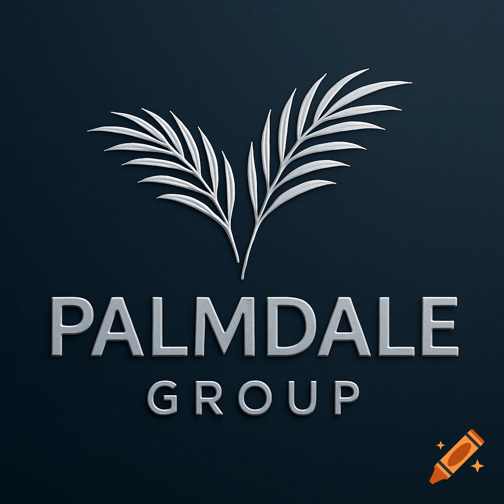 A sleek silver logo featuring two stylized palm fronds above the words 'PALMDALE GROUP' on a dark blue background.