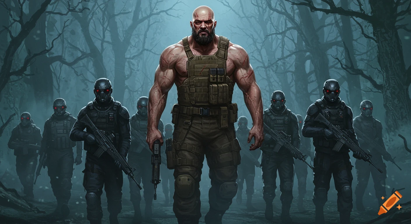 A muscular bald man in military gear leads armored soldiers with glowing red eyes through a dark, misty forest.