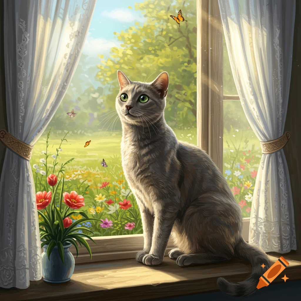 A grey cat sits on a wooden windowsill, looking out a sunlit window at a vibrant green garden with colorful flowers and butterflies. White lace curtains frame the window, and a vase of red tulips sits on the sill.