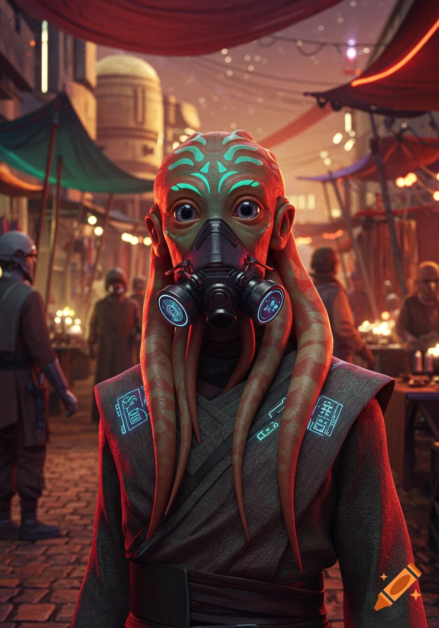 An alien creature with red tentacles, blue facial markings, and a gas mask stands in a bustling, red-lit sci-fi marketplace.