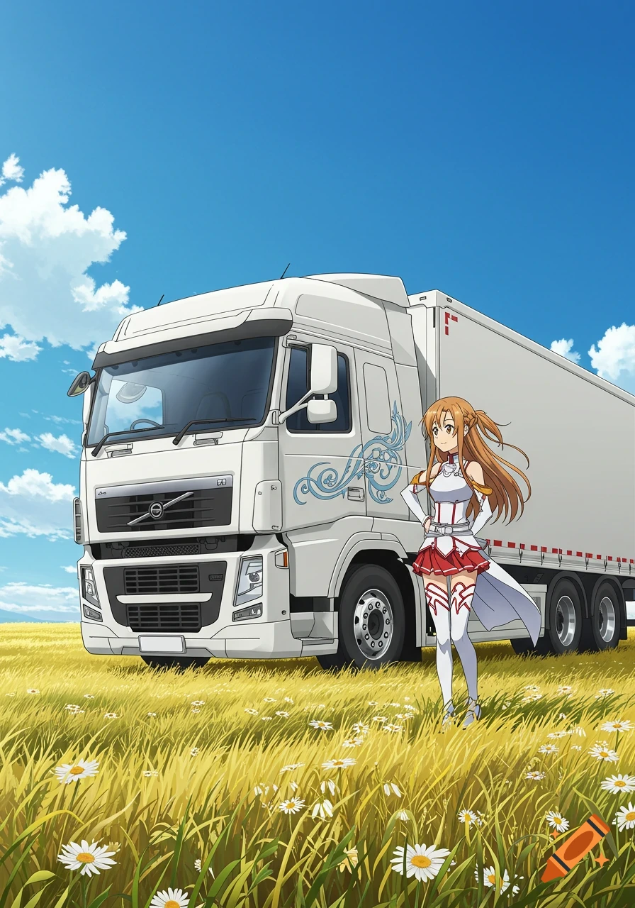 An anime character resembling Asuna stands in a grassy field next to a large white semi-truck under a clear blue sky.