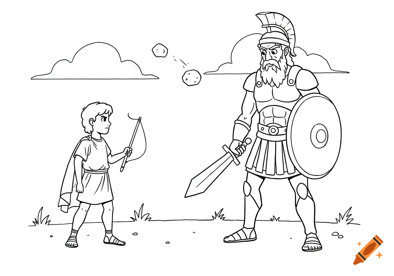 Black and white line drawing of young David with a sling facing giant Goliath with a sword and shield, with rocks flying.