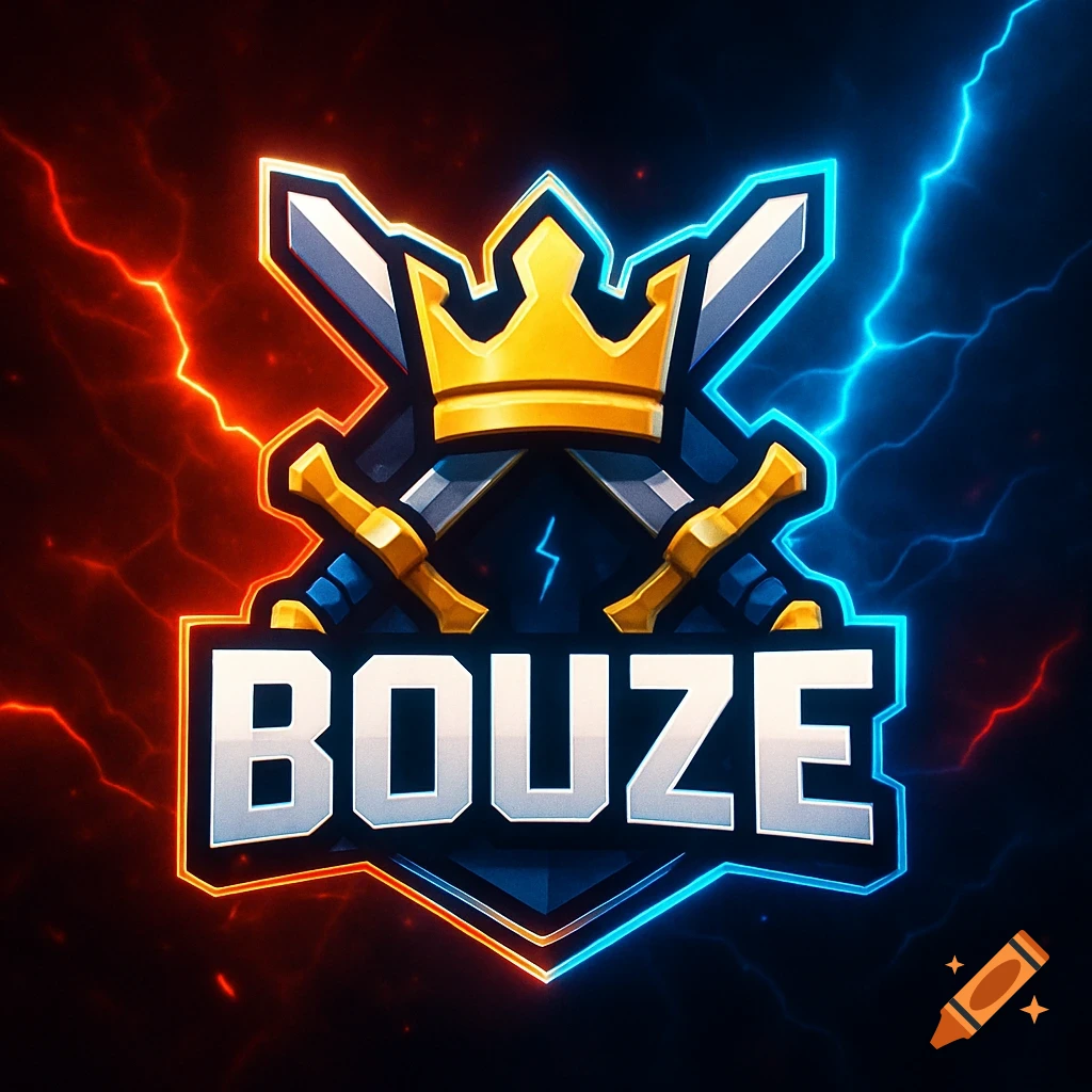 Stylized gaming logo featuring a golden crown, crossed swords, and the text 'BOUZE' on a split red and blue lightning background.