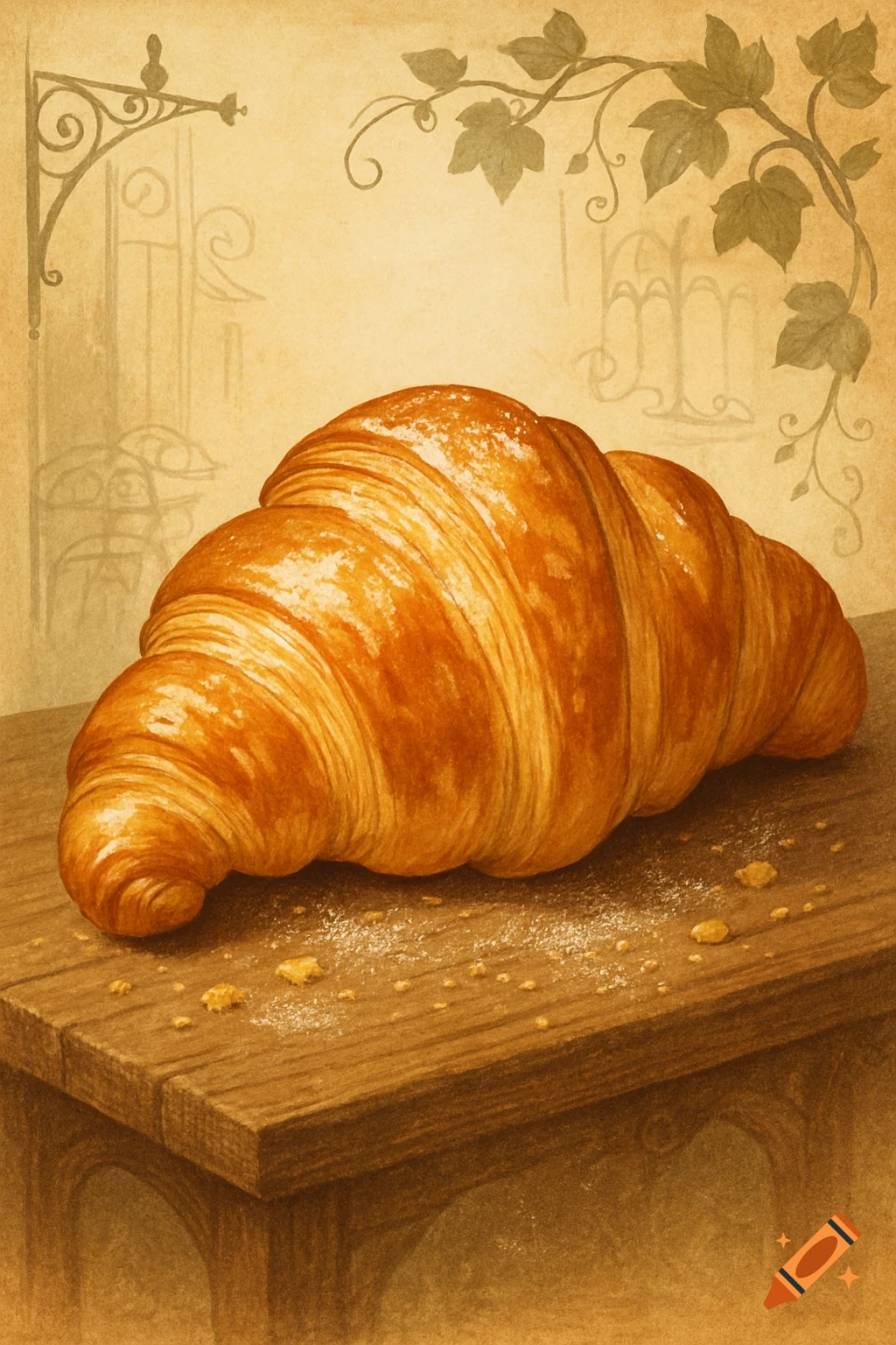 A golden-brown croissant on a wooden table with powdered sugar, against a sepia-toned illustrated background.