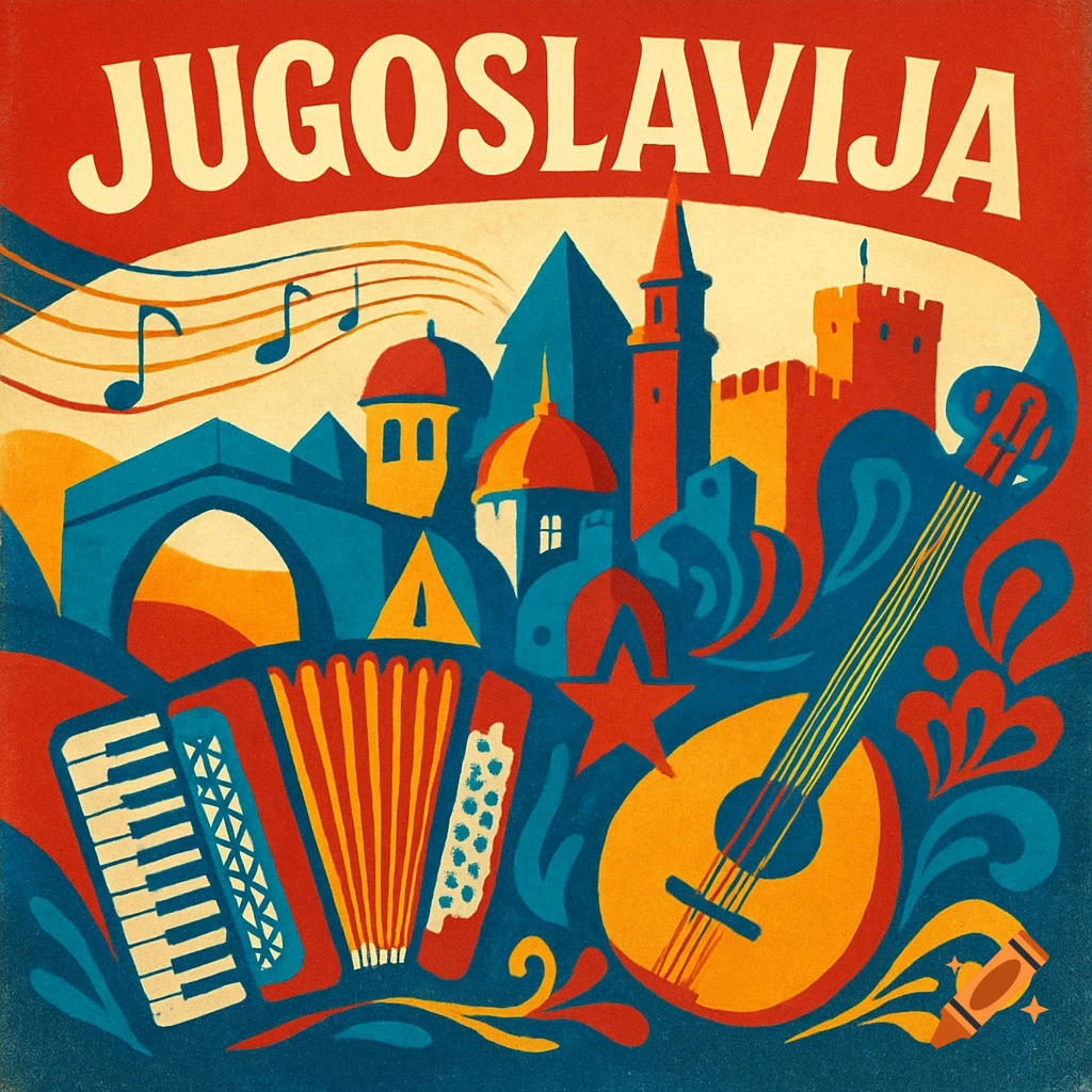 Vintage-style illustration of a vibrant cityscape with musical instruments, notes, and 'JUGOSLAVIJA' text, like an album cover.