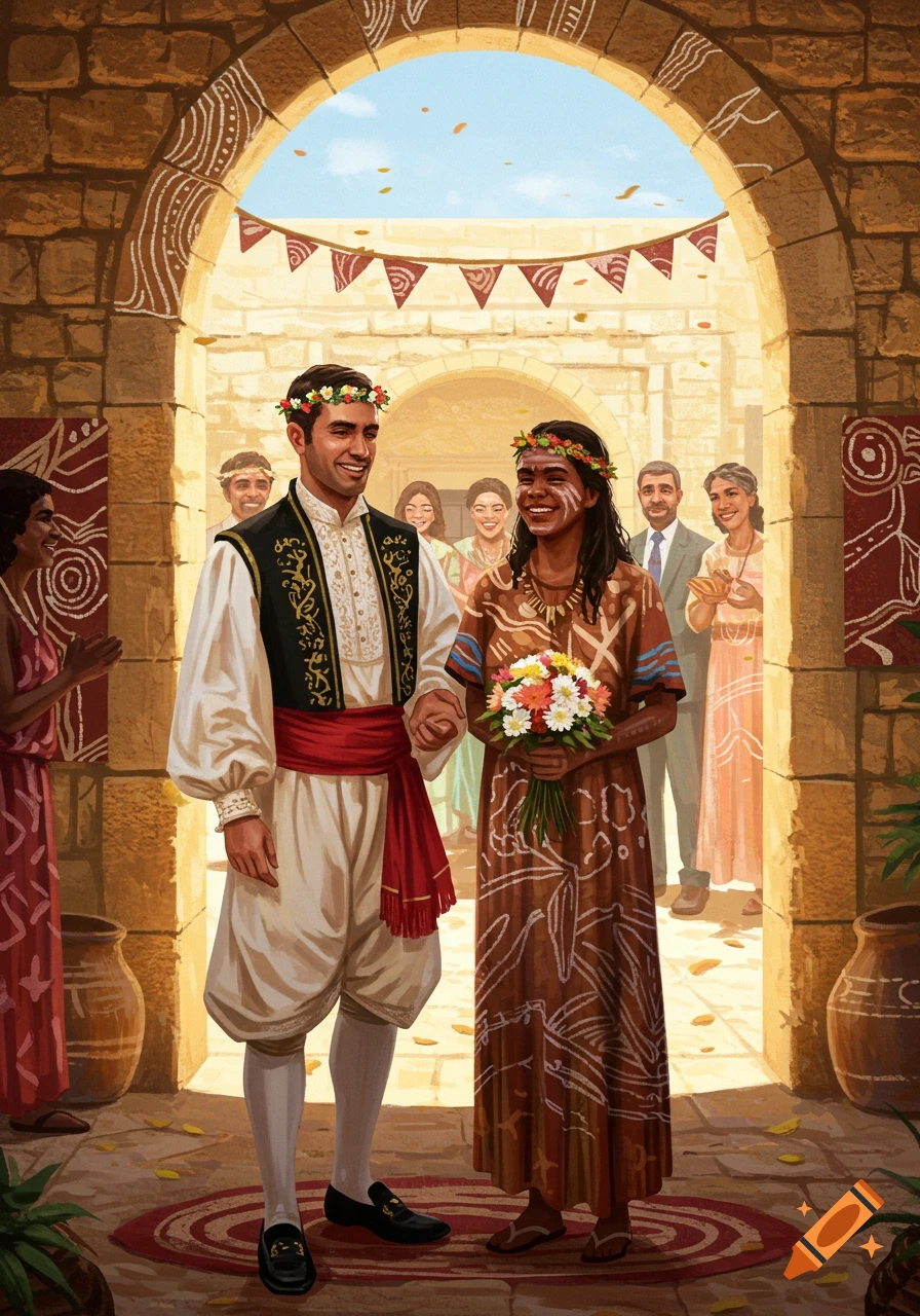 A couple in traditional Maltese and Australian Aboriginal attire holding hands under an archway at a wedding, with guests in the background.