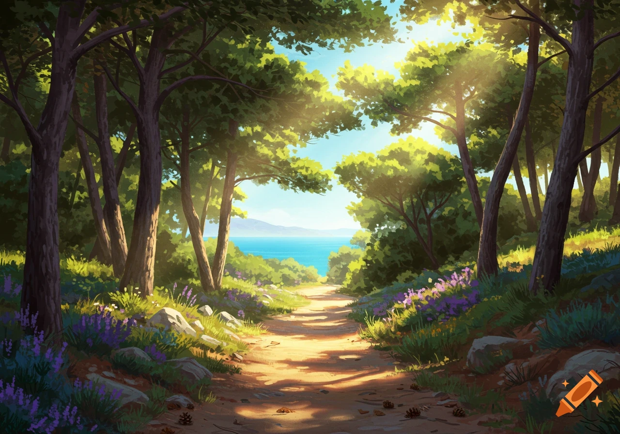 A sun-dappled path through a vibrant Mediterranean forest leads to a bright blue sea.