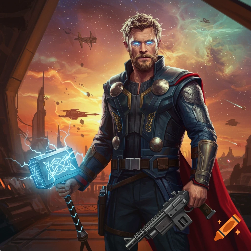 A bearded man resembling Thor with glowing blue eyes holds a glowing hammer and a futuristic rifle against a cosmic, cityscape background.