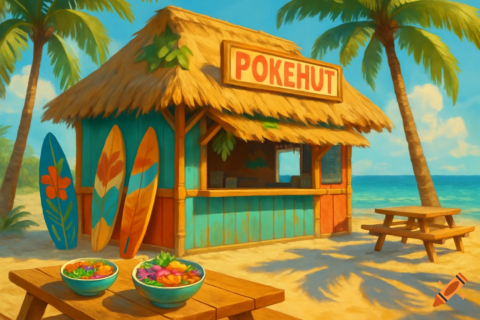 Cartoon-style poke hut on a sunny beach with surfboards, palm trees, and bowls of colorful food on a picnic table.
