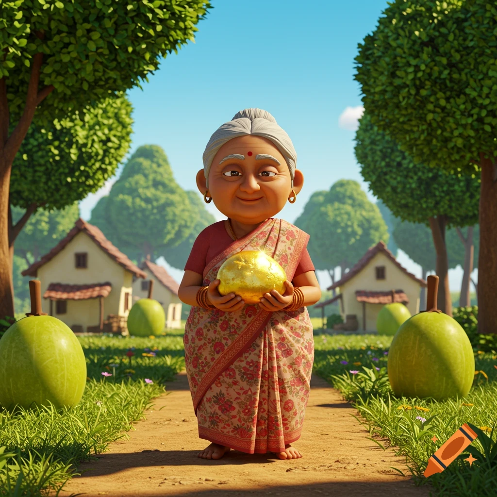 3D animation of an elderly Indian woman in a sari holding a shiny golden object on a dirt path in a sunny village.
