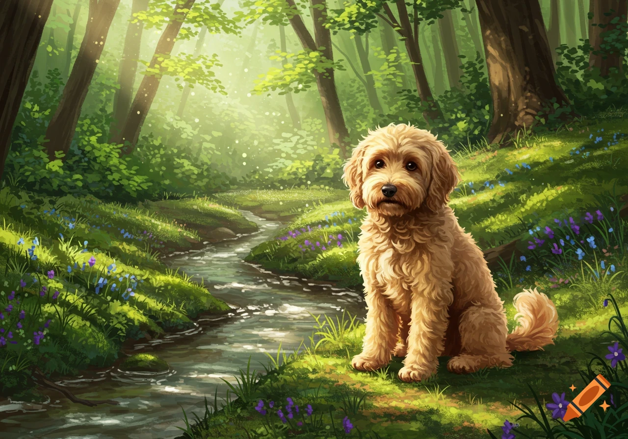 A fluffy goldendoodle dog sits in a sunlit forest next to a stream, surrounded by green grass and wildflowers, in an illustrative style.