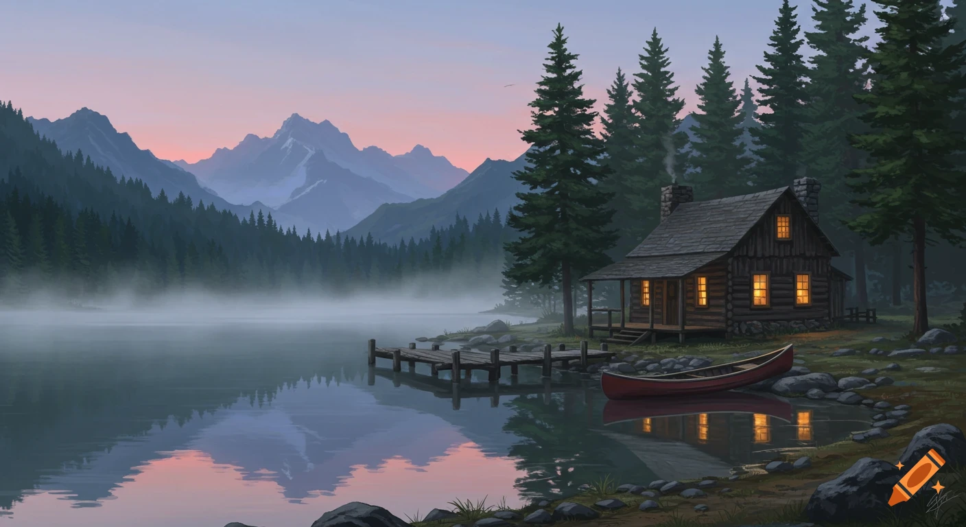 A cozy log cabin with glowing windows sits by a misty lake, surrounded by pine trees and distant mountains at sunrise.