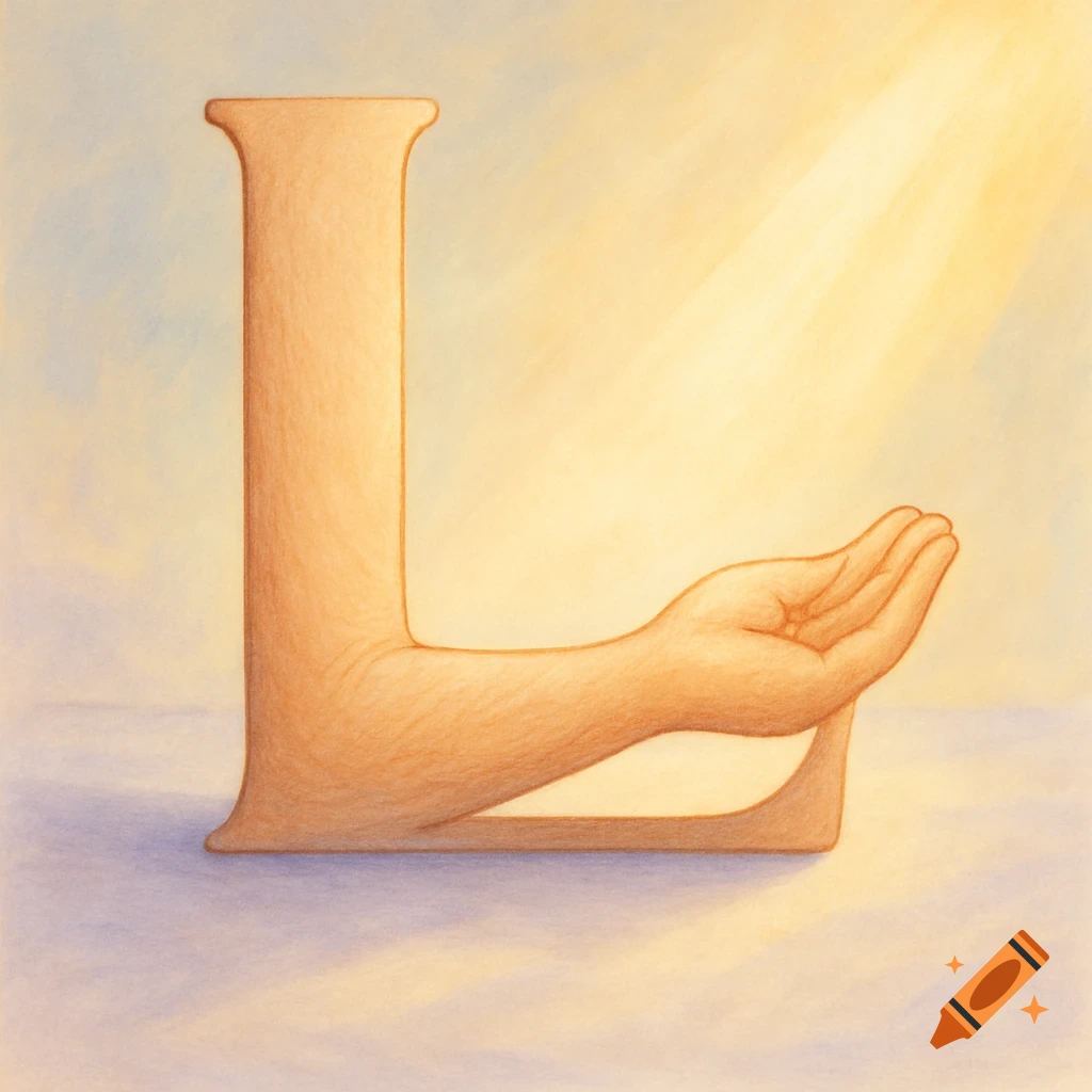 Illustration of the letter L formed by a human arm and open hand with light rays.