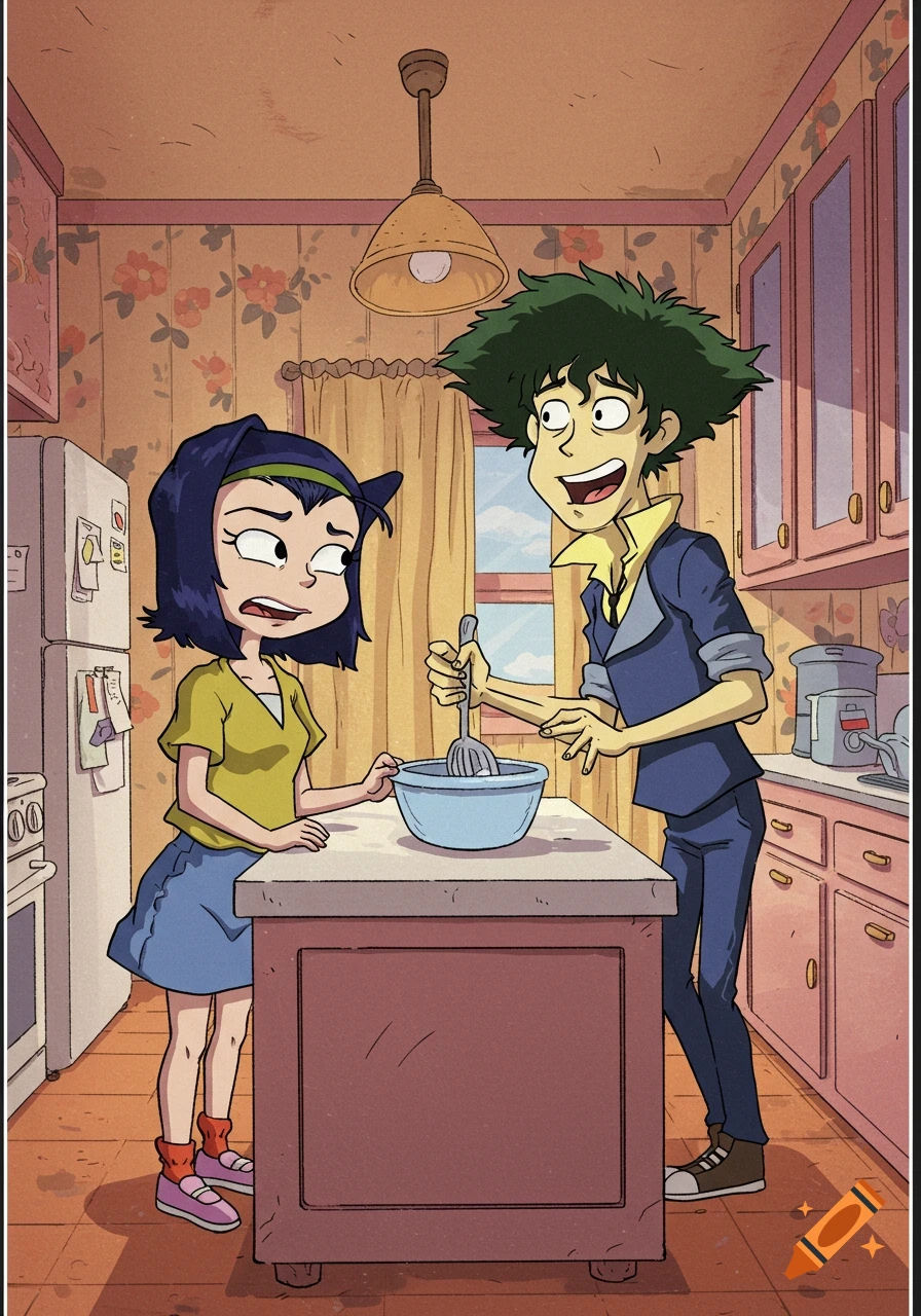 Spike and Faye in Rugrats cartoon style in a kitchen, Spike stirs a bowl while Faye looks surprised.