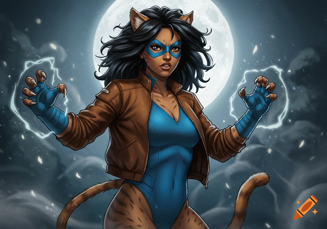 A dark-haired female superhero with cat ears and tail, wearing a blue mask and brown jacket, poses with glowing energy against a full moon in a comic art style.