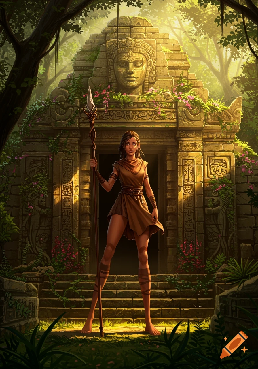 A woman holding a spear stands in front of an ancient jungle temple, bathed in sunlight.