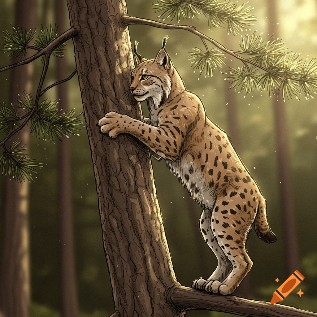 A lynx with spotted fur climbs a tree in a sunlit forest, in an illustrated style.
