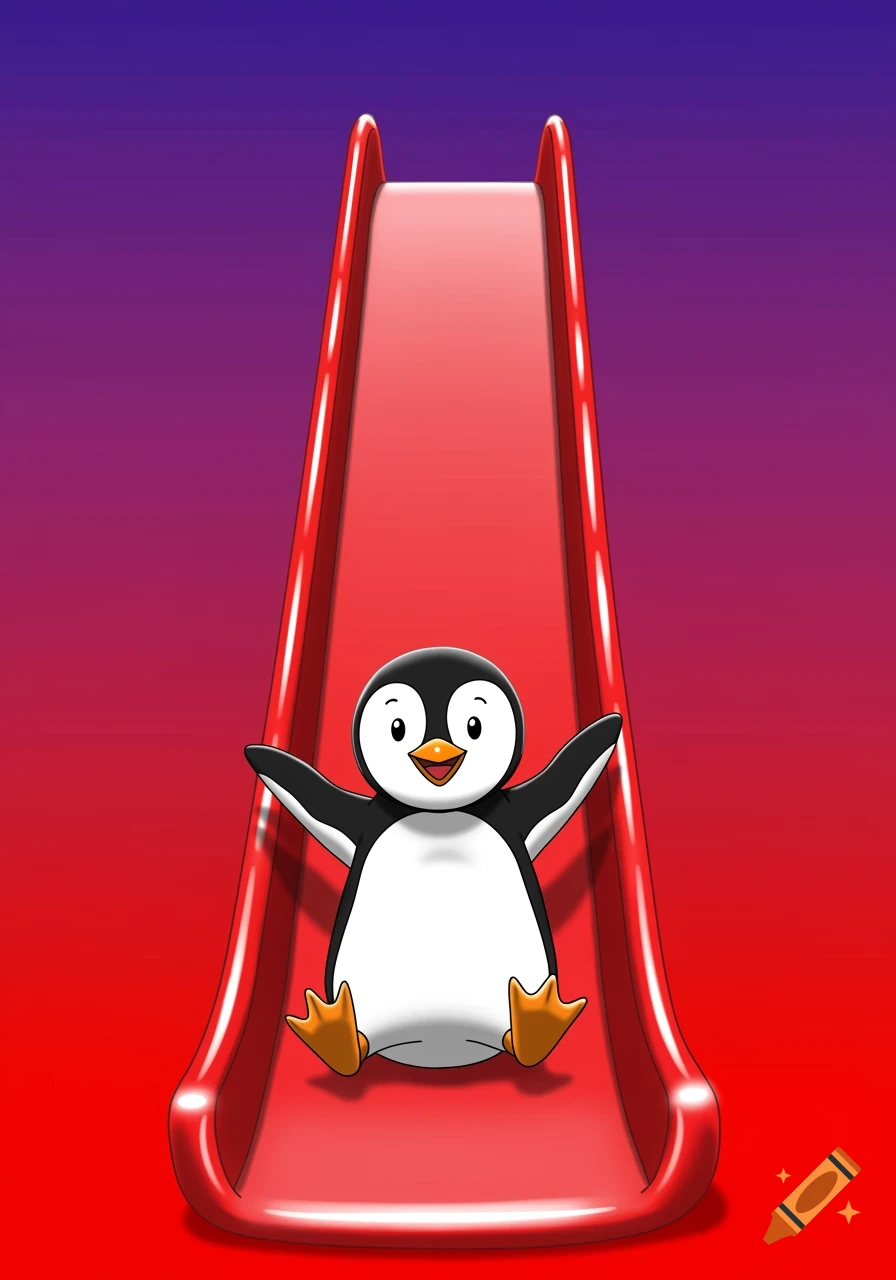 A cute cartoon penguin sits on a red play slide against a graduated purple and red background.