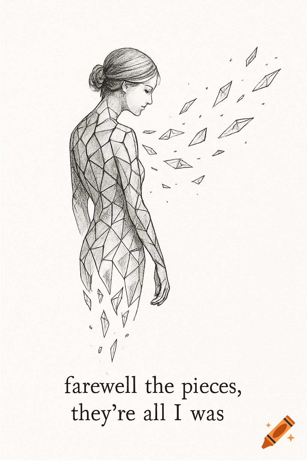 A line drawing of a woman with a geometric pattern on her body, breaking apart into triangular pieces. Text below reads 'farewell the pieces, they e all I was'.