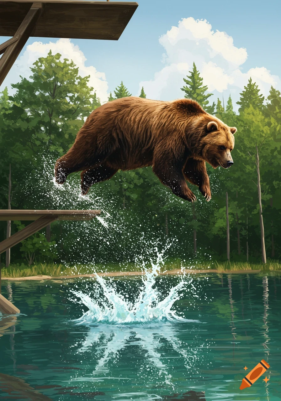A brown bear leaps from a wooden diving board, splashing into a lake surrounded by green trees.