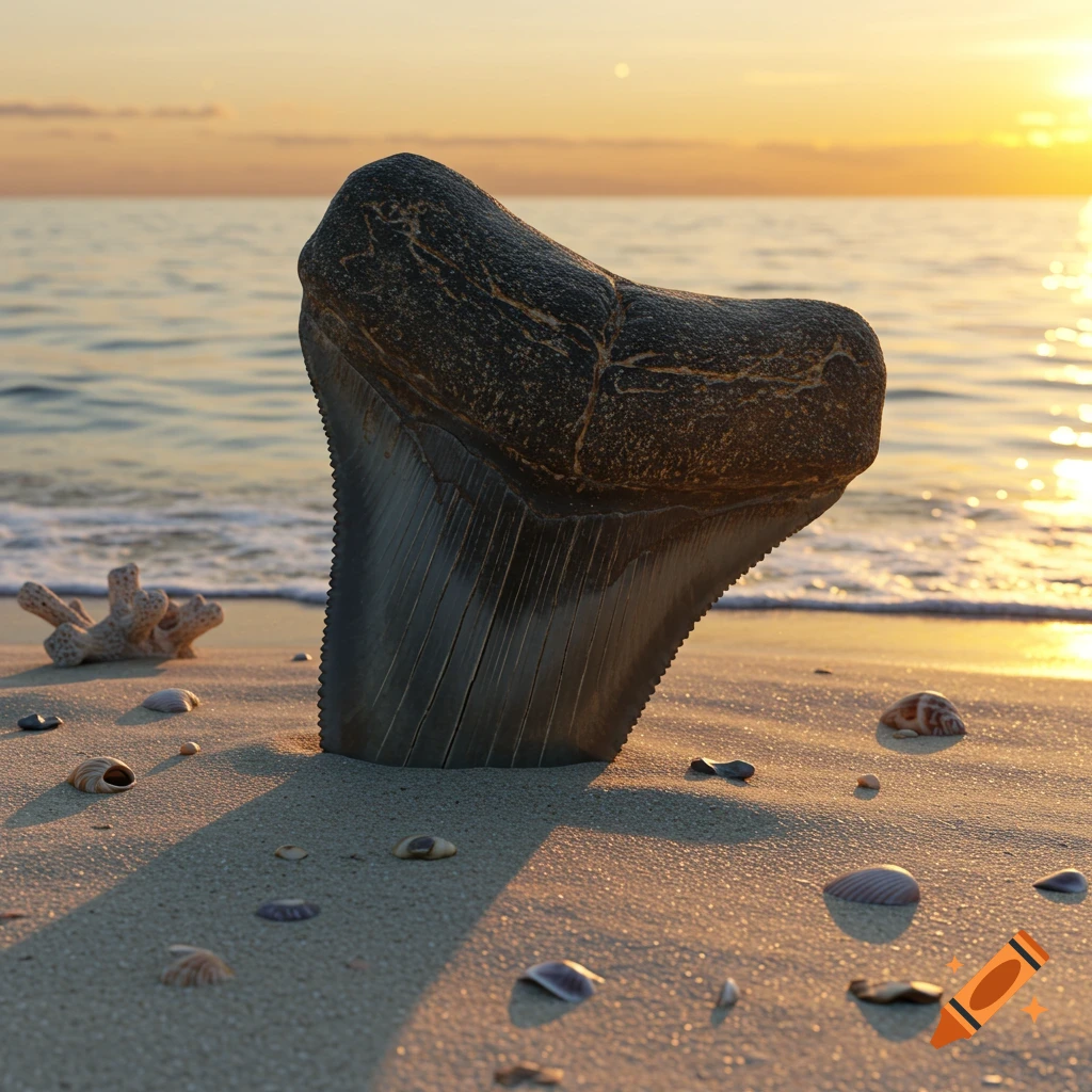 Large megalodon tooth partially buried in beach sand, with ocean waves and a sunset in the background.