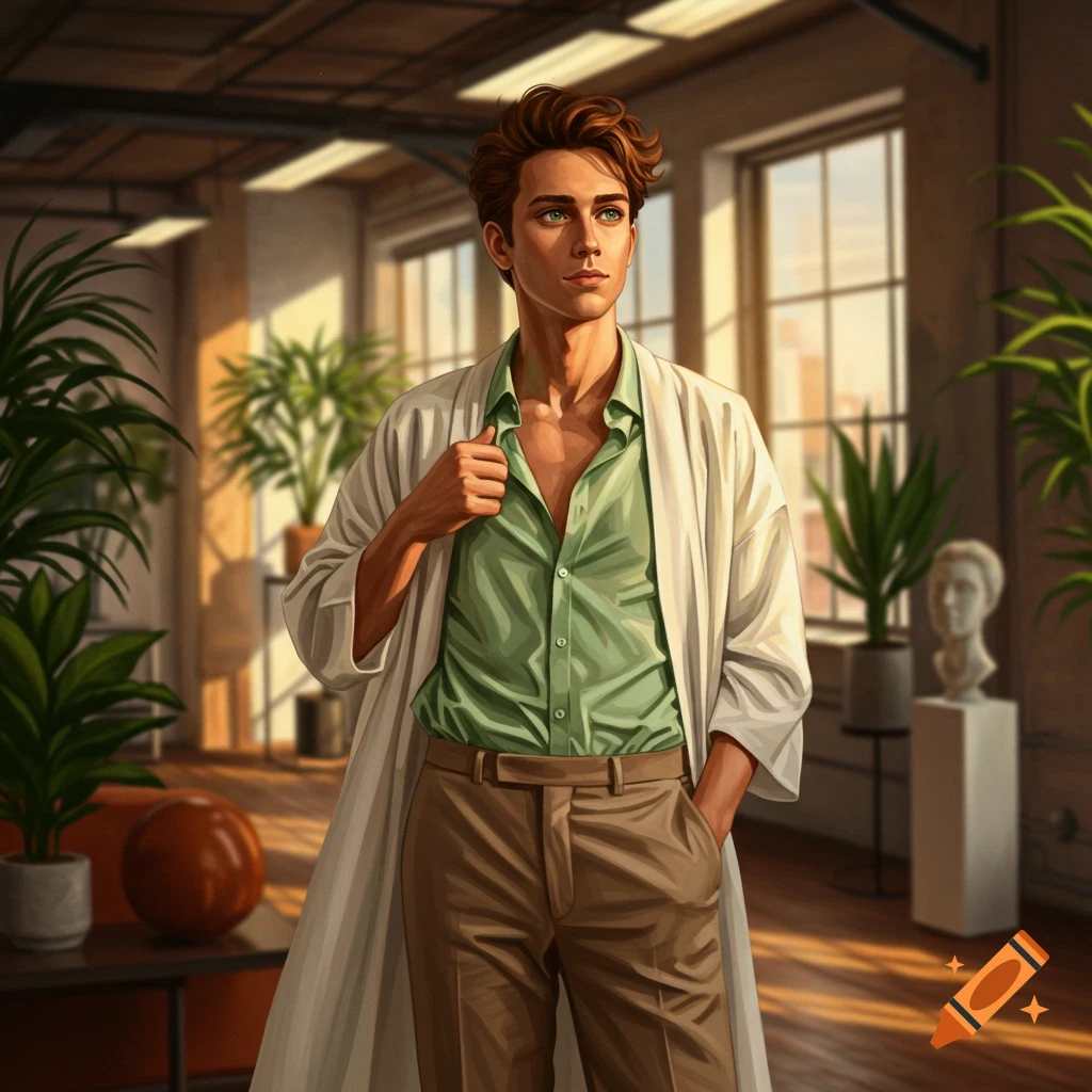 A young man with brown hair and green eyes, in a green shirt, tan pants, and a white robe, stands in a sunlit room with plants.