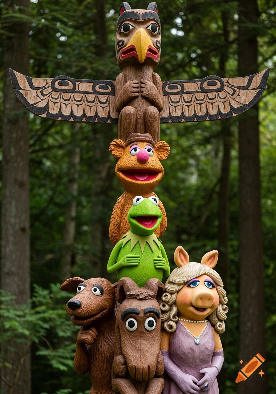 Photorealistic wooden totem pole featuring carved Muppet characters Sam the Eagle, Fozzie Bear, Kermit, a dog, and Miss Piggy in a forest.