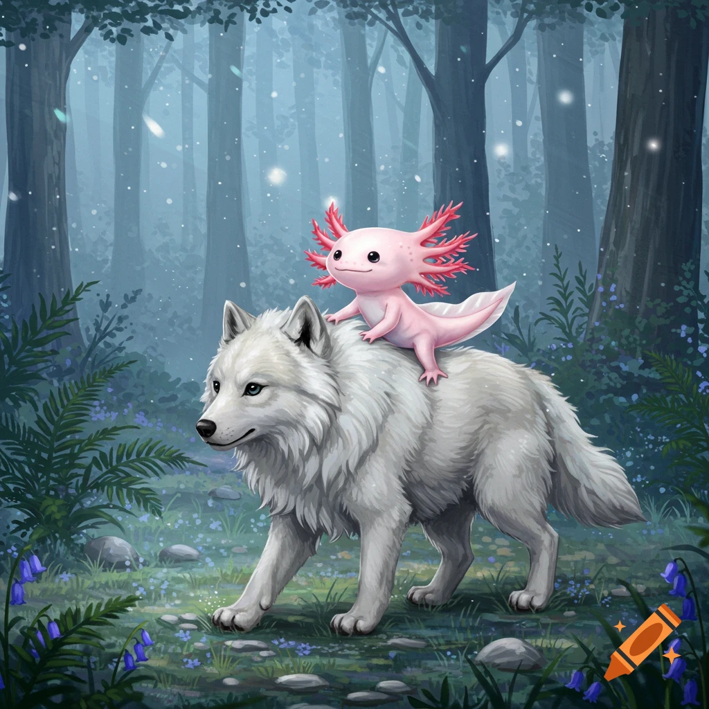 A cute pink axolotl riding on the back of a majestic white wolf through a mystical forest with bluebells.
