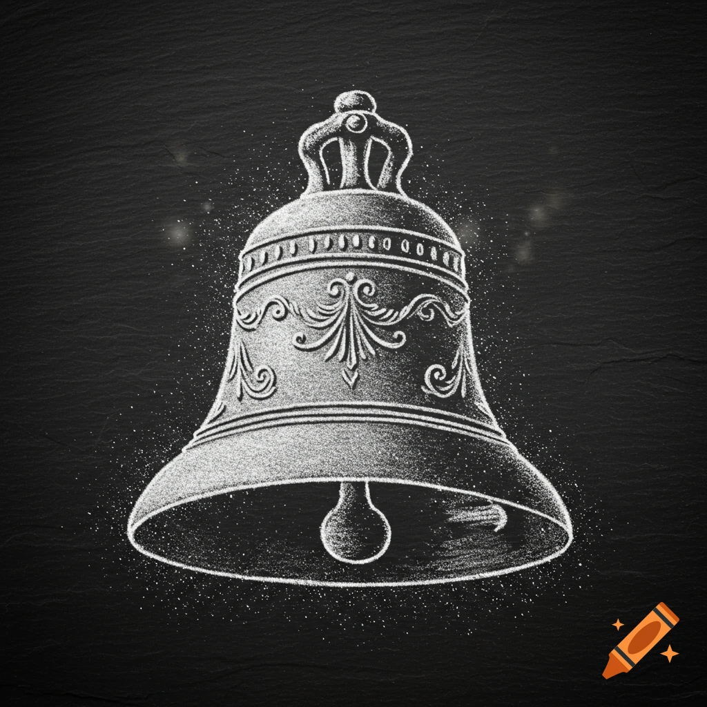 A white chalk drawing of an ornate bell on a dark, textured background.