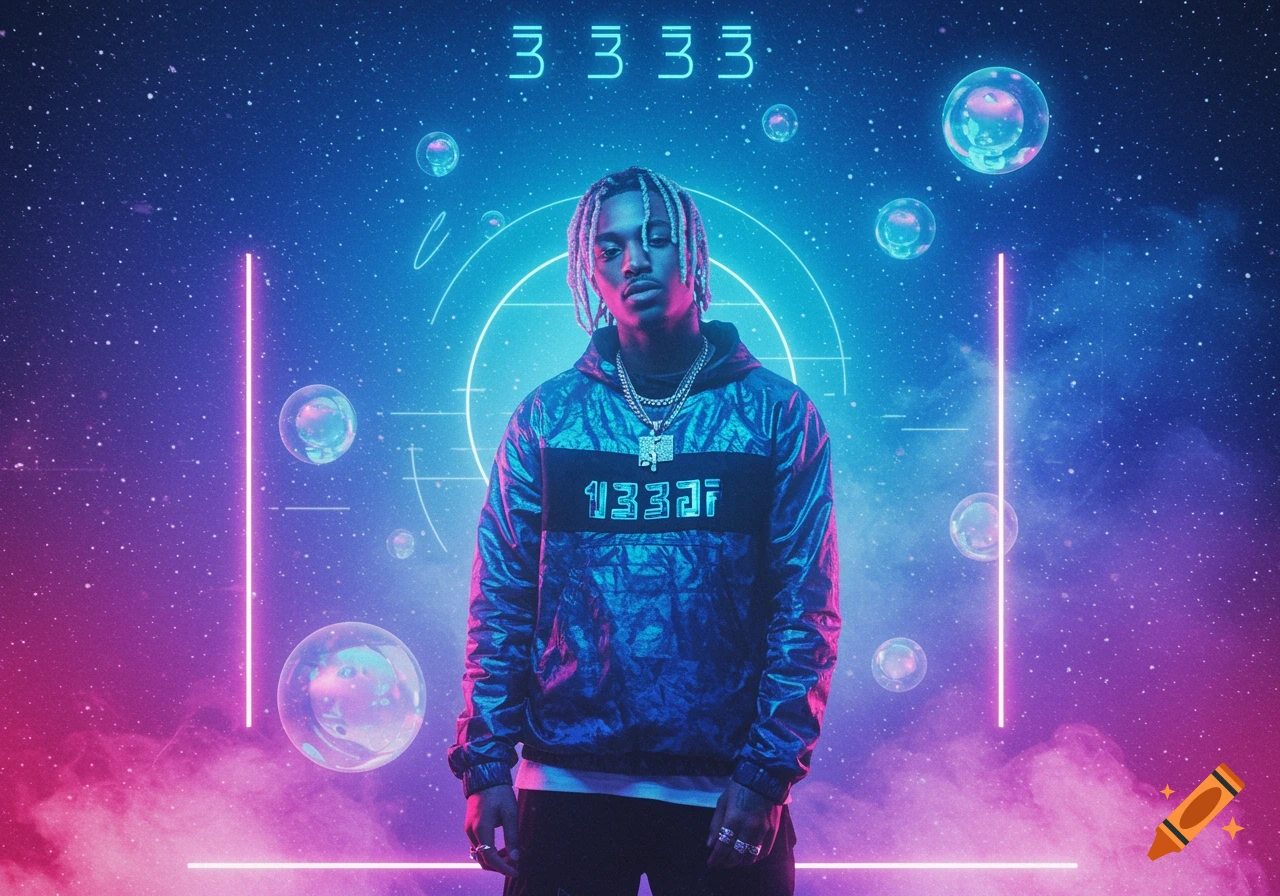 A male figure with dreadlocks in a futuristic hoodie stands in a neon blue and pink space environment with glowing lines and bubbles.