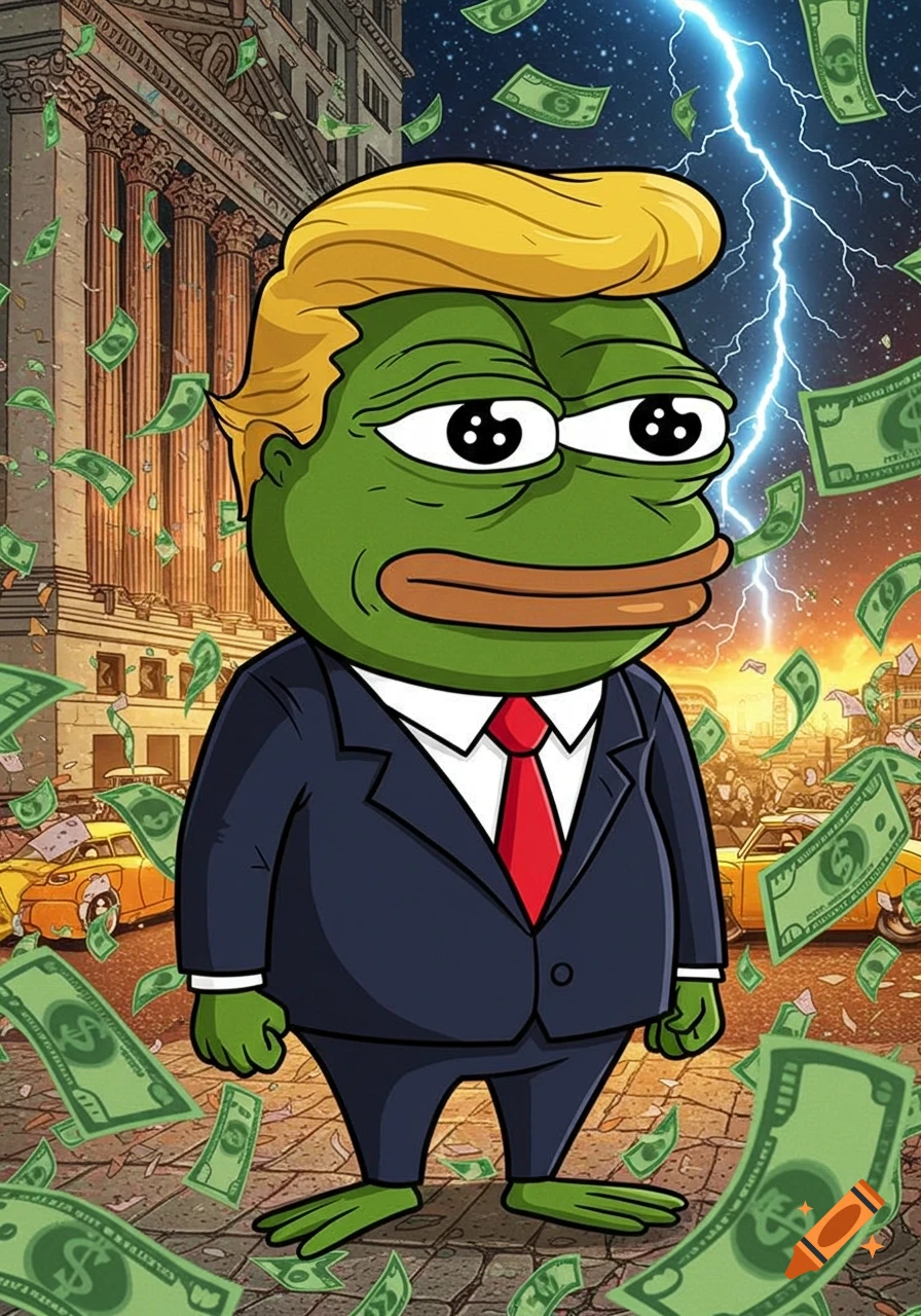 Cartoon Pepe the Frog with blonde hair in a suit, standing in a city with money falling and lightning in the sky.