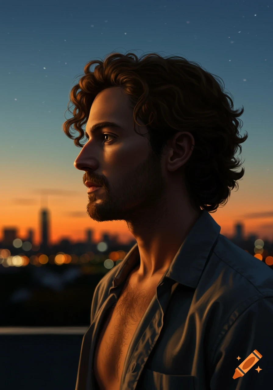 A photorealistic portrait of a man with curly hair and beard, partially shirtless, looking at a city skyline at sunset.