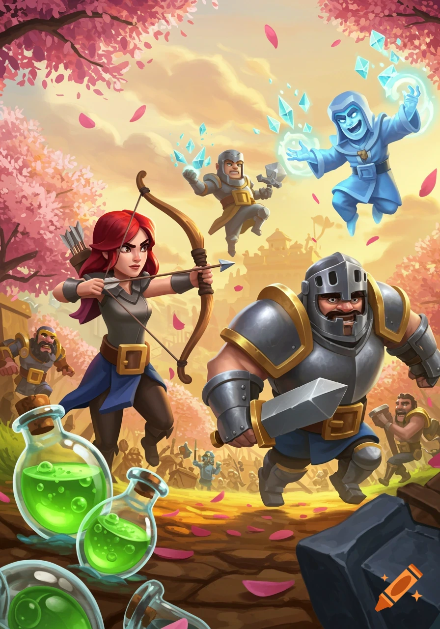 Clash Royale characters, including an archer, knight, and wizard, battle in a vibrant fantasy setting with cherry blossoms.