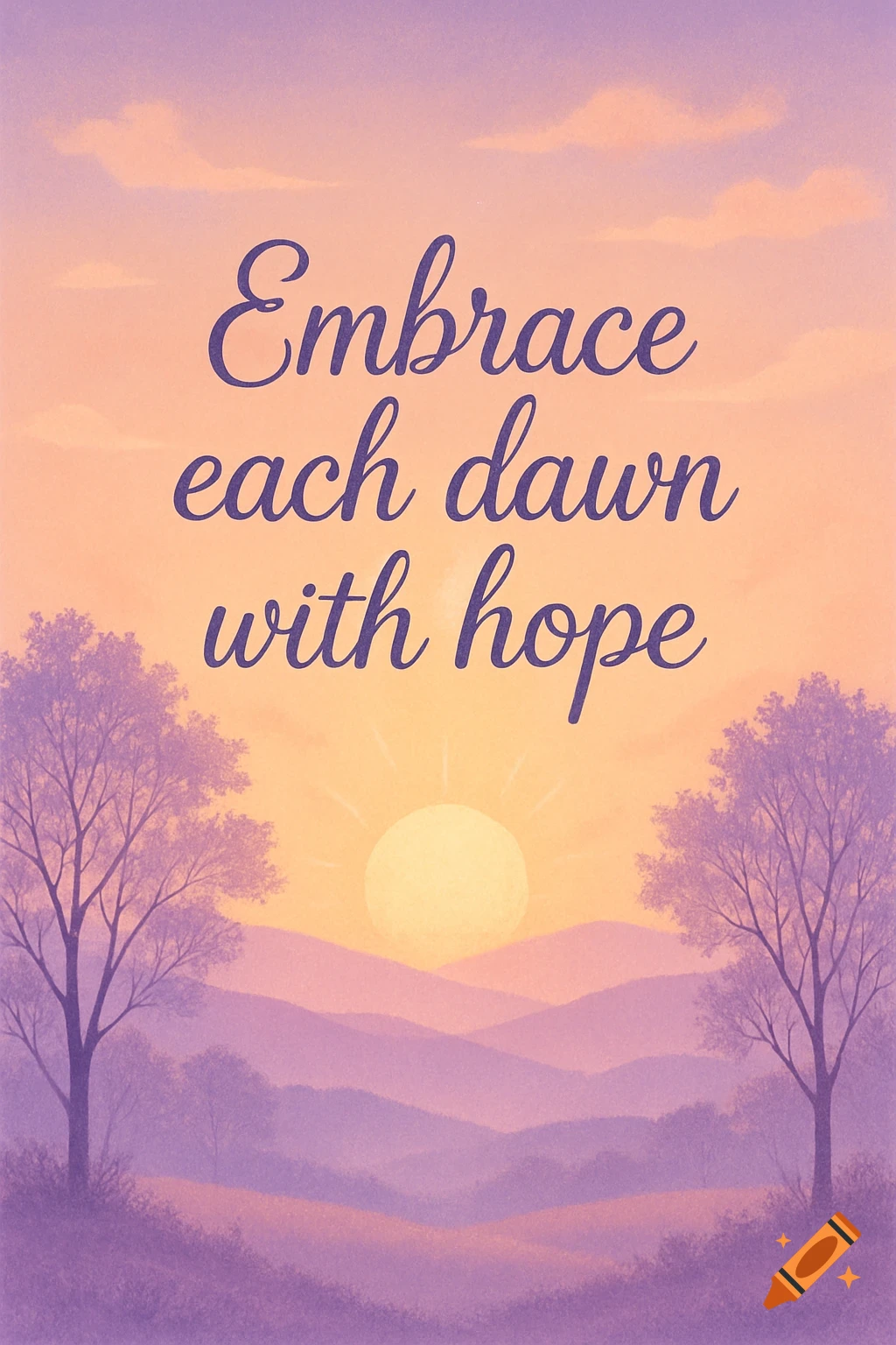 Sunrise over purple mountains and silhouetted trees, with the inspirational text 'Embrace each dawn with hope' in the center.