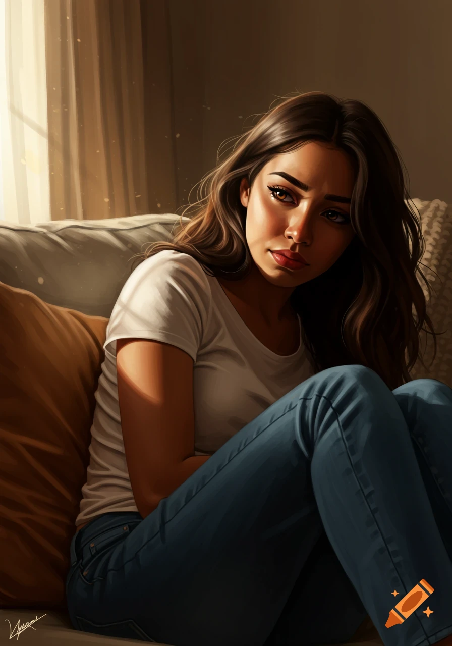 A digital painting of a sad young Latina woman with dark hair and hazel eyes, wearing a white tee and blue jeans, sitting on a sofa in sunlight.